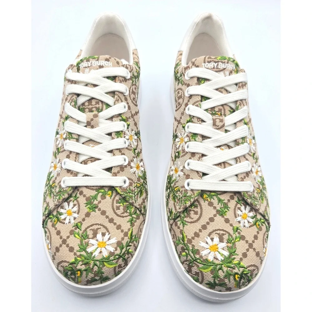 Tory Burch Howell T-Monogram Embroidered‎ Daisy Sneakers Hazel White 81296 9.5